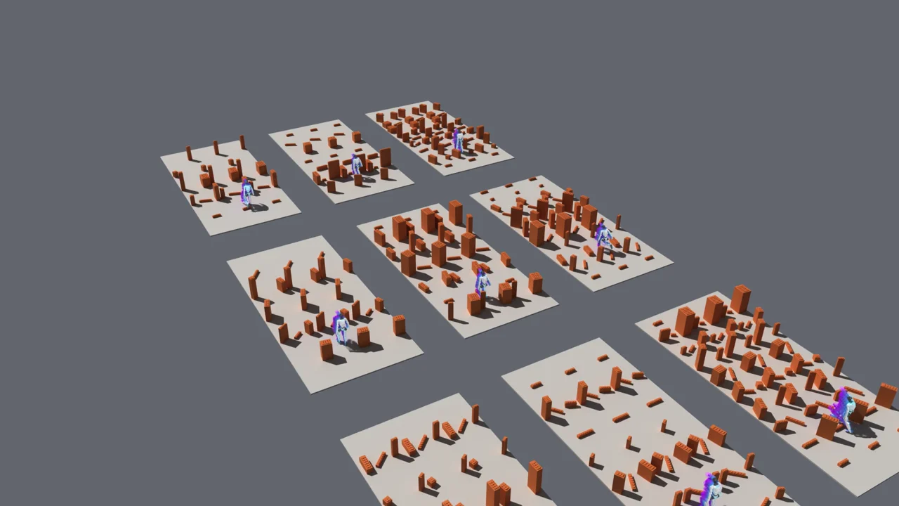 Nine simultaneous humanoid rollouts across LEGO-style obstacle fields