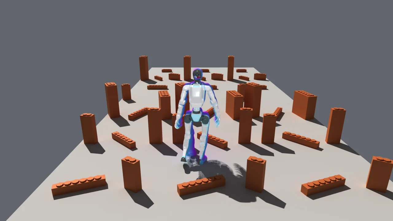 Humanoid traversing a medium LEGO-style obstacle field