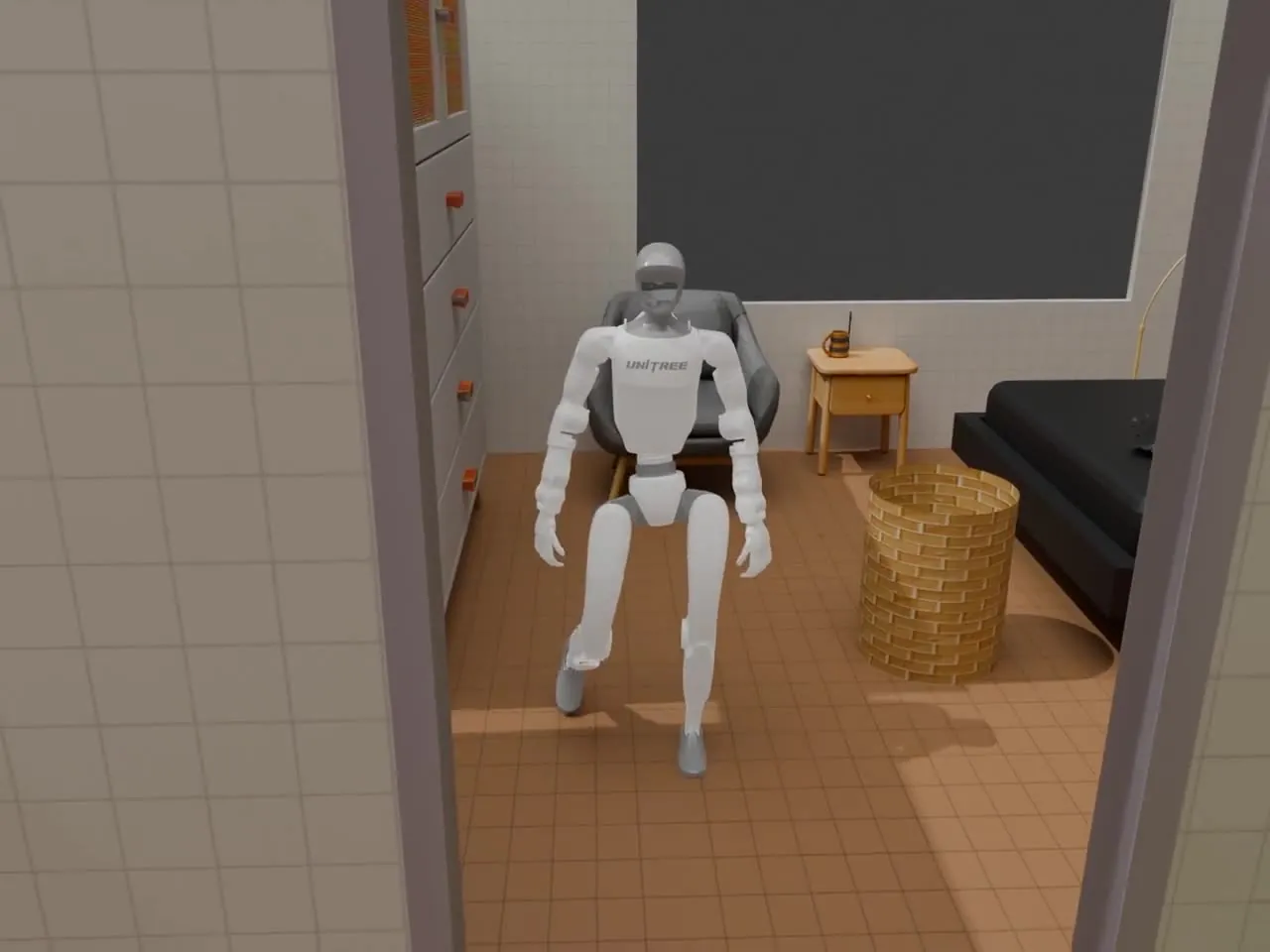 Humanoid traversing a simulated indoor living room