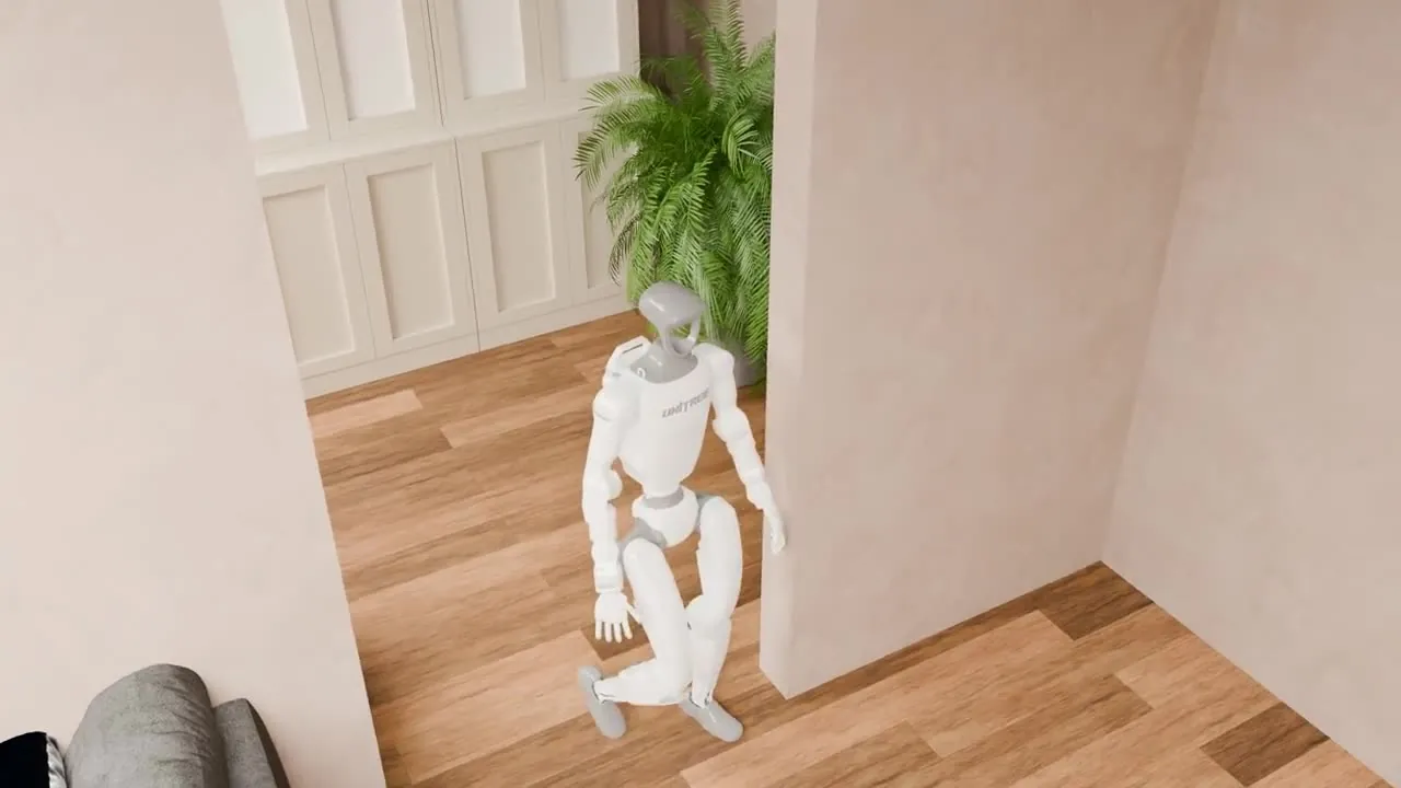 Humanoid ducking through a simulated indoor stair passage