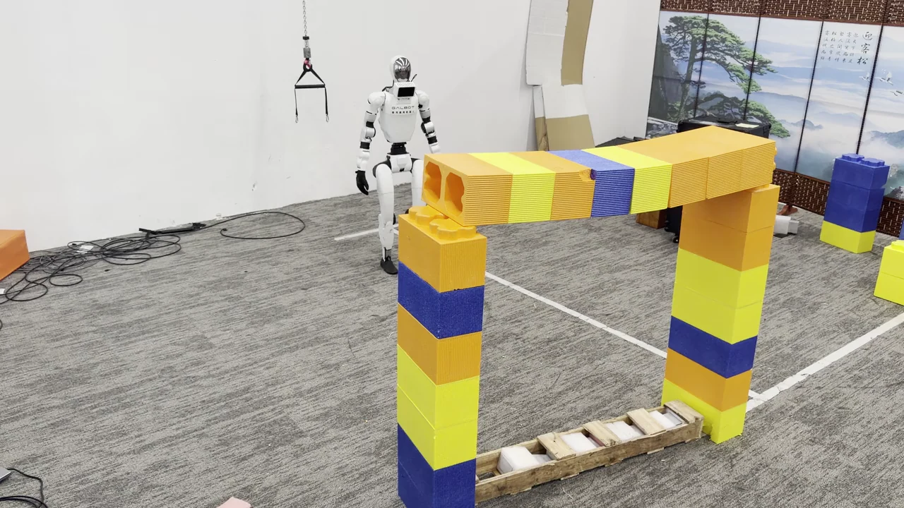 Humanoid combining duck-under and step-over skills, sequence three